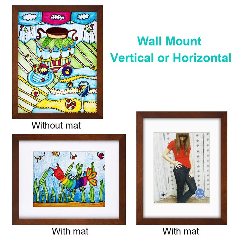 RPJC 11x14 inch Picture Frame Made of Solid Wood and High Definition Glass Display Pictures 8x10 with Mat or 11x14 Without Mat for Table Top Display and Wall Mounting Photo Frame with Stand Brown - Image 5